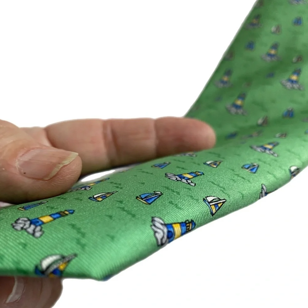 Haspel Silk Tie Green Nautical Tipped Bar Tac Keeper Loop 60”x3.25” 80s to 90s